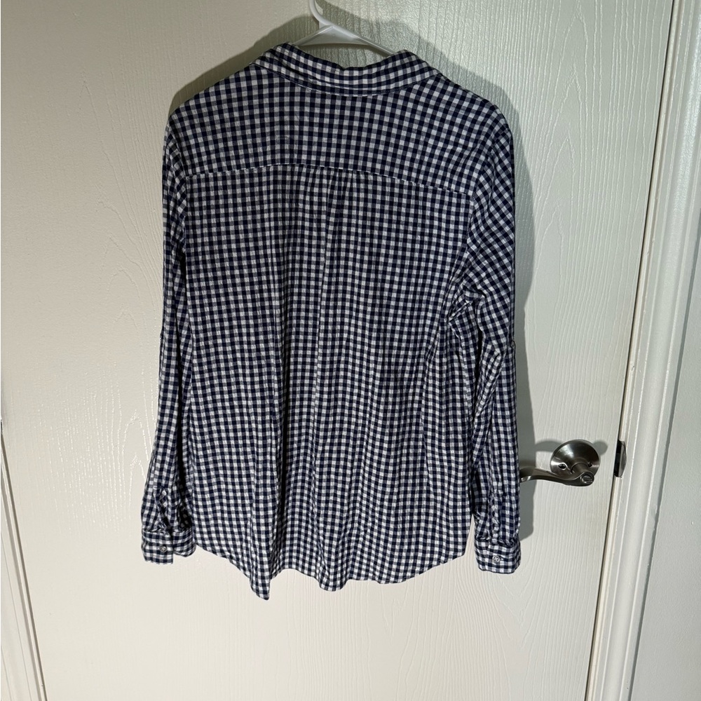 Kut from the Kloth Women’s Button Up Shirt Plaid Gingham Cotton Navy White Sz XL - Picture 6 of 8